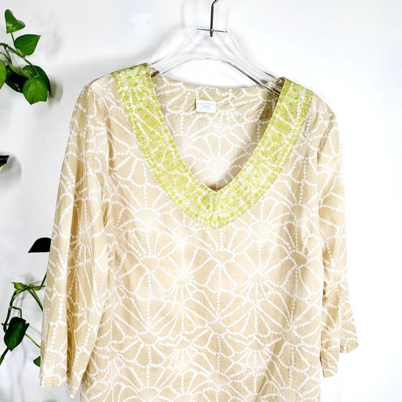 CALYPSO Beige Floral 100% Cotton Tunic Top Swim Cover Dress MEDIUM Embroidered - Picture 6 of 13